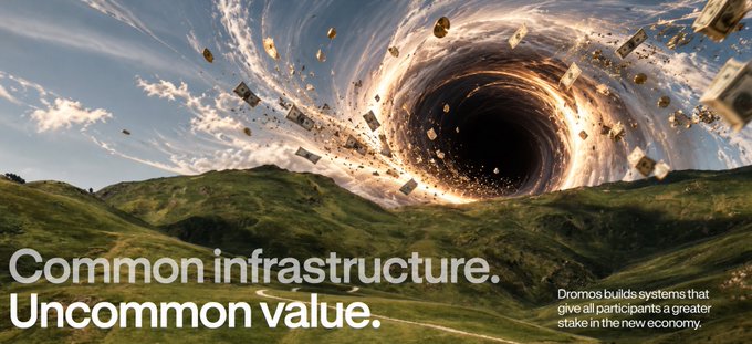An advertisement for Dromos featuring a surreal landscape with a vortex tearing up buildings and debris, overlaid with the text "Common infrastructure. Uncommon value." and "Dromos builds systems that give all participants a greater stake in the new economy."