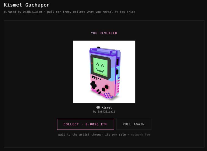 A digital gachapon-style collectible reveal screen showing a pixel-art 'GB Kismet' item priced at 0.0026 ETH, with options to collect or pull again.