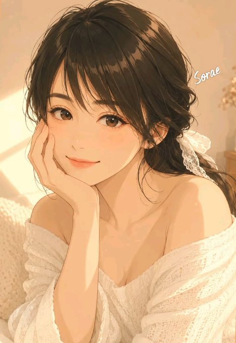 An anime-style illustration of a smiling young woman with dark hair resting her chin on her hand, wearing a white off-shoulder top, signed 'Sorae'.