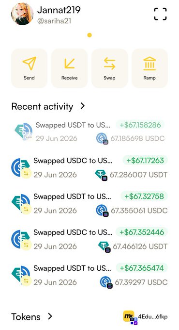 Crypto wallet app screenshot for user "Jannat219 (@sariha21)" showing recent activity with multiple USDT to USDC swaps around $67 on 29 Jun 2026, and tabs for Send, Receive, Swap, and Ramp.
