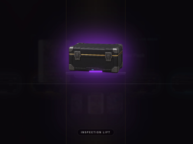 A digital render of a black loot box or container with yellow accents floating in a purple-lit space, with the text 'INSPECTION LIFT' below it.