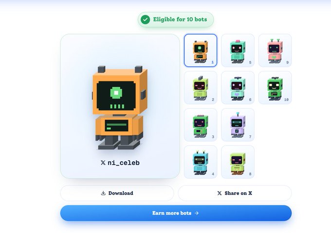 A user interface for a pixel-art bot NFT collection showing a selected orange robot character labeled 'ni_celeb', with a grid of 10 different colored robot variants and 'Eligible for 10 bots' notification.