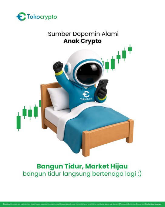 A cheerful Tokocrypto mascot in an astronaut suit wakes up in bed while checking a green bullish chart on its phone, with the headline "Sumber Dopamin Alami Anak Crypto" (Natural Dopamine Source for Crypto Kids) and tagline "Bangun Tidur, Market Hijau — bangun tidur langsung bertenaga lagi ;)" — perfectly capturing the post's theme that seeing a green market is the simplest joy for crypto enthusiasts.