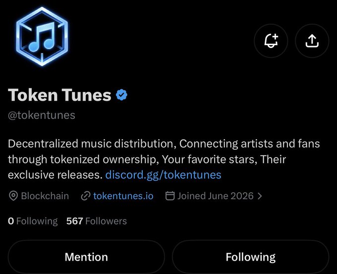 Token Tunes (@tokentunes) Twitter/X profile page describing decentralized music distribution with 567 followers and a tokentunes.io link.