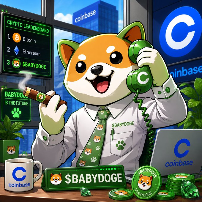 A cartoon Shiba Inu mascot wearing a $BABYDOGE tie smokes a cigar while taking a call with a Coinbase-branded phone, surrounded by Coinbase mugs, laptops, and a crypto leaderboard ranking "$BABYDOGE" third behind Bitcoin and Ethereum, humorously visualizing the anticipation of a potential BABYDOGE listing on Coinbase.