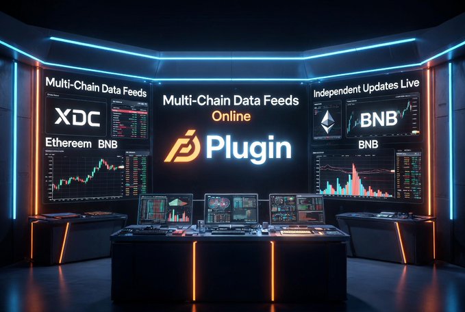 A futuristic high-tech trading room setup featuring multiple screens displaying 'Multi-Chain Data Feeds', 'XDC Ethereum BNB', 'Plugin', and 'BNB' with various cryptocurrency charts and trading data.