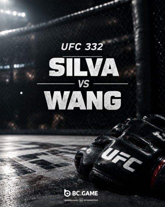 Promotional poster for 'UFC 332: SILVA VS WANG' featuring a UFC glove inside a fighting cage, sponsored by BC.GAME (gambleaware.org).