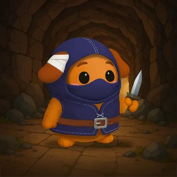 A cartoon illustration of a cute, chibi-style orange character dressed as a blue ninja, holding a small knife in a dimly lit stone cave setting.