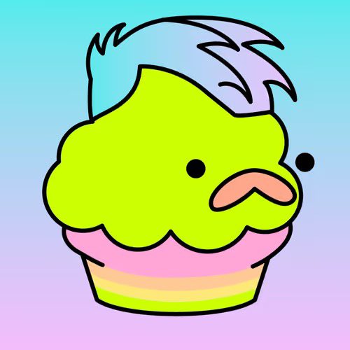 A colorful cartoon illustration shows a cupcake with bright green frosting styled as hair and a pink mustache, resembling a character face.