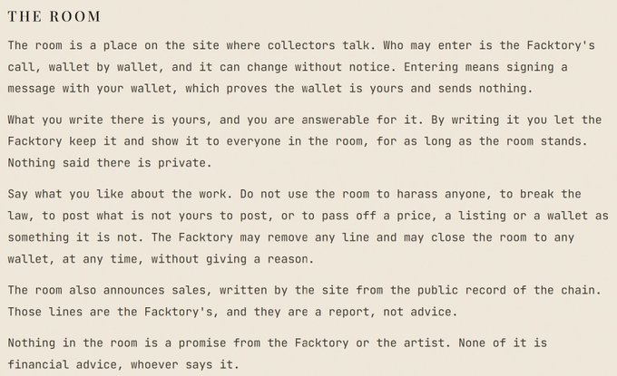A text document titled "THE ROOM" explaining the rules of a collector's forum where wallet verification is required to participate in discussions.