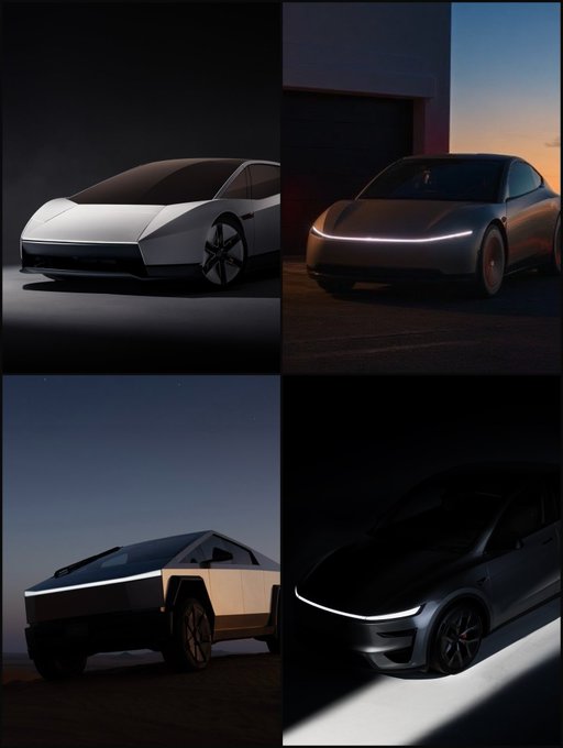 A grid of four futuristic vehicle concept renders, including a white wedge-shaped sedan, a silver coupe with a glowing light bar, a cybertruck-style pickup, and a dark SUV, all shown in dramatic lighting.