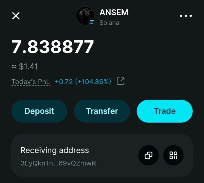 A mobile app screenshot showing a Solana wallet for the user "ANSEM" with a balance of 7.838877 (~$1.41) and a daily PnL of +0.72 (+104.86%).