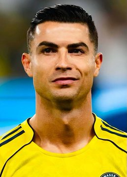 A portrait of soccer player Cristiano Ronaldo wearing a yellow jersey with the Saudi Pro League logo visible.