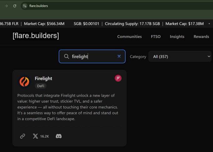A screenshot of the flare.builders website showing a search for 'firelight' with a DeFi protocol card describing higher user trust, stickier TVL, and a seamless experience, along with FLR token stats showing $566.34M market cap.