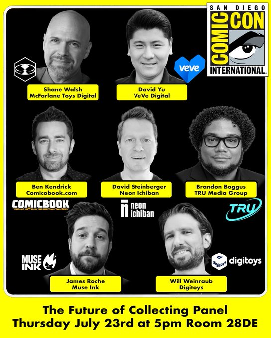 A promotional graphic for 'The Future of Collecting' panel at San Diego Comic-Con on Thursday July 23rd at 5pm Room 28DE, featuring panelists Shane Walsh, David Yu, Ben Kendrick, David Steinberger, Brandon Boggus, James Roche, and Will Weinraub.
