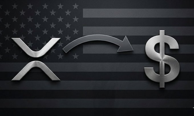 A graphic illustration showing the XRP cryptocurrency logo converting into a US dollar symbol with an arrow, set against a stylized grayscale American flag background.