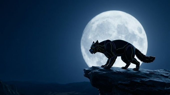 A dark, dramatic illustration of a wolf-like creature with glowing neon accents standing on a rocky cliff, silhouetted against a large full moon.