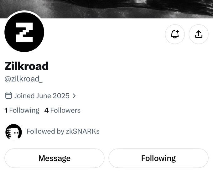 The image shows a Twitter/X profile page for "Zilkroad" (@zilkroad_), which joined in June 2025 and has 4 followers and 1 following. The profile is followed by zkSNARKs, aligning with the post suggesting the user spotted this account early as a potential signal in the ZK/crypto space.