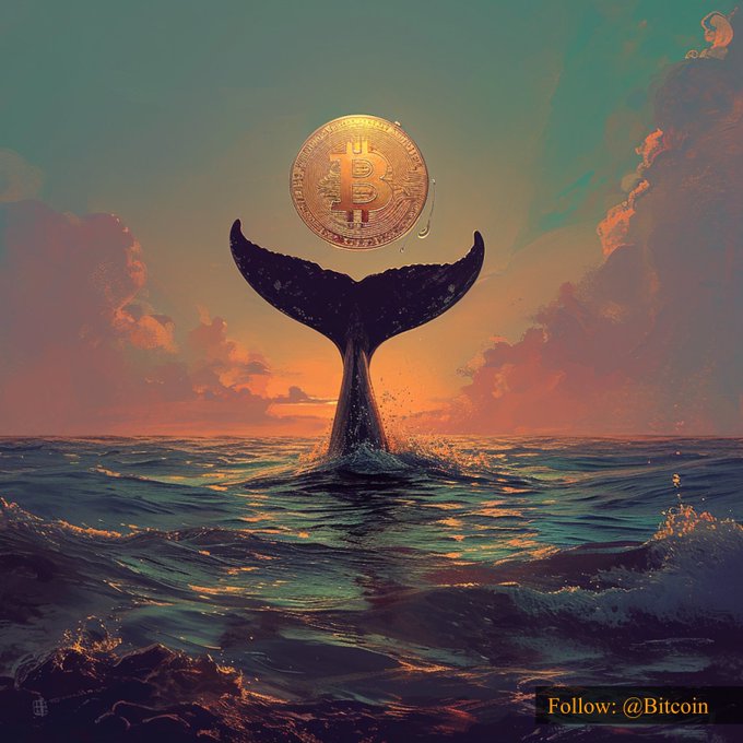 A majestic whale tail emerges from a sunset-lit ocean, balancing a gleaming Bitcoin coin at its tip, symbolizing the "whale" market players moving the crypto market. The text "$64,010.44 #Bitcoin" appears in the corner, highlighting Bitcoin's price milestone alongside the powerful imagery of large-scale crypto holders.