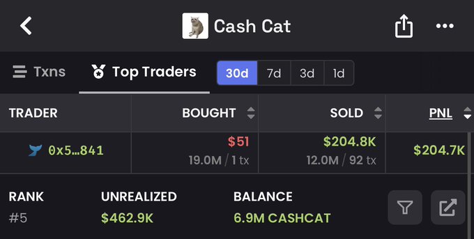 A screenshot from a crypto tracking platform shows "Top Traders" data for the token "Cash Cat" ($CASHCAT) over a 30-day period, highlighting a trader (0x5...841) who bought $51 worth (19.0M tokens in 1 transaction) and sold $204.8K (12.0M tokens across 92 transactions), realizing a PNL of $204.7K. The trader currently holds an unrealized profit of $462.9K on a remaining balance of 6.9M CASHCAT tokens, supporting the post's claim of a ~$51 to ~$700K flip.