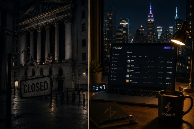 A split image showing the Wall Street 'CLOSED' sign on the left, and on the right, a laptop displaying investment data on a 'hotstuff' app next to a branded mug, with a nighttime city skyline in the background.