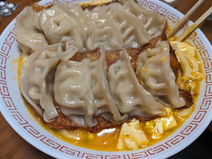 A close-up shot of a bowl of dumplings (jiaozi) served over what appears to be tofu in a savory orange-red broth, with chopsticks resting on the rim of the decorative patterned bowl—matching the caption "パーフェクトフード！" (Perfect Food!).