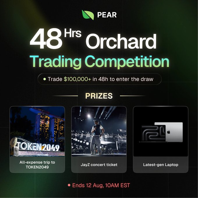 A promotional graphic for PEAR's '48 Hrs Orchard Trading Competition', requiring $100,000+ trading volume in 48 hours for entry, with prizes including an all-expense trip to TOKEN2049, a Jay-Z concert ticket, and a latest-gen Laptop, ending 12 Aug at 10AM EST.