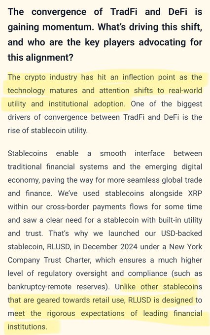The image shows a document with yellow text that says "The convergence of Trafi and DeFi is gaining momentum. What's driving this shift, and who are the key players advocating for this alignment?" The document also includes information about stablecoins and their use in the financial industry.