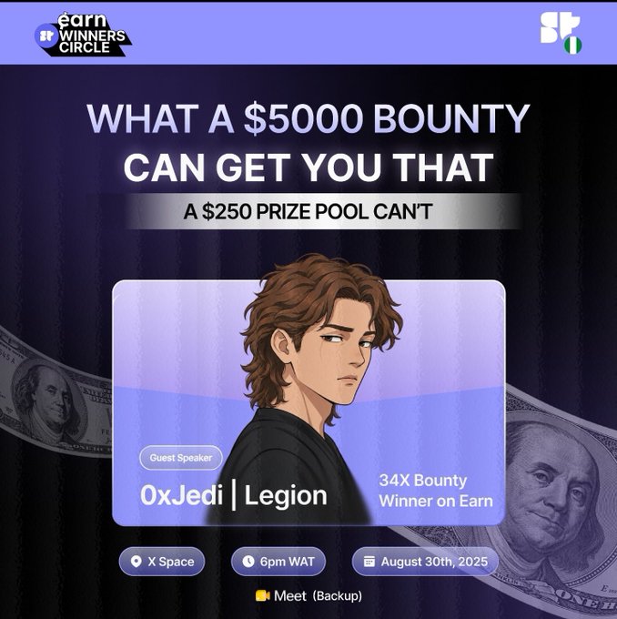 A 'Earn Winners Circle' promotional graphic for guest speaker '0xJedi | Legion' promoting a $5000 bounty versus a $250 prize pool, scheduled for August 30th, 2025 on X Space.
