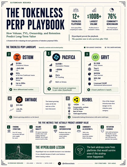 The image features a poster or infographic that breaks down various aspects of Hyperliquid, a cryptocurrency exchange. The title reads "The tokenless perp DEXs", and underneath this title, there's an explanation about how Hyperliquid was tokenless before the creation of tokens. This breakdown provides insights into the origins of cryptocurrency exchanges like Hyper Liquid, which operate on tokenless transactions.