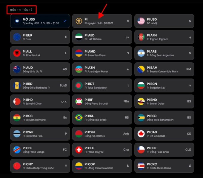 The image displays a currency selection screen on OpenPay, with a red arrow highlighting "Pî" listed alongside the Pi symbol (π) and labeled "Pi nguyên chất - $0.0901" (Pure Pi - $0.0901), demonstrating that Pi Network has been integrated as a currency unit in the OpenPay digital payment platform.
