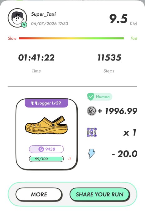 StepN move-to-earn app screenshot showing a 9.5 km run in 01:41:22 with 11,535 steps, earning rewards as a 'Jogger Lv29'.
