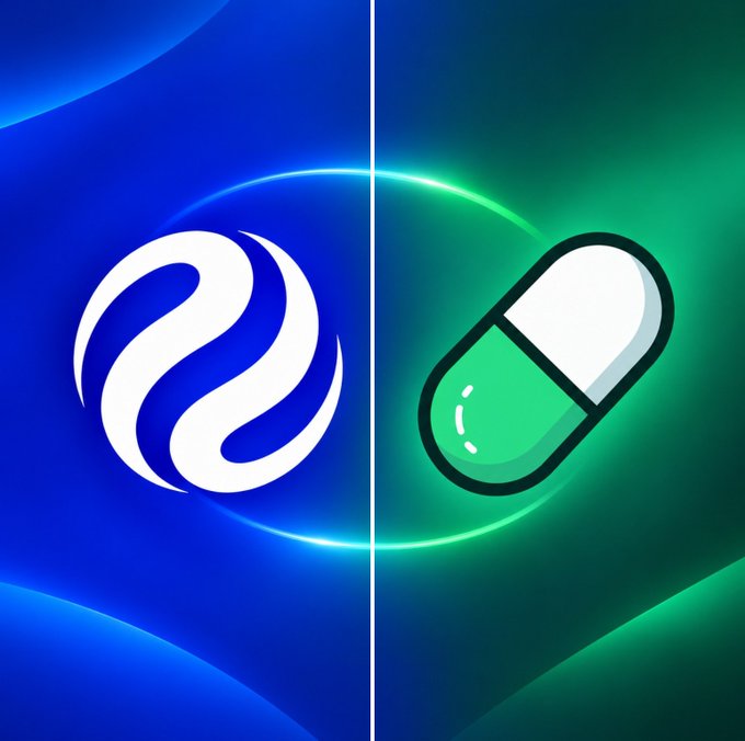 Split-screen graphic with a blue background and the white INJ (Injective) logo on the left, and a green background with a pill capsule icon on the right.