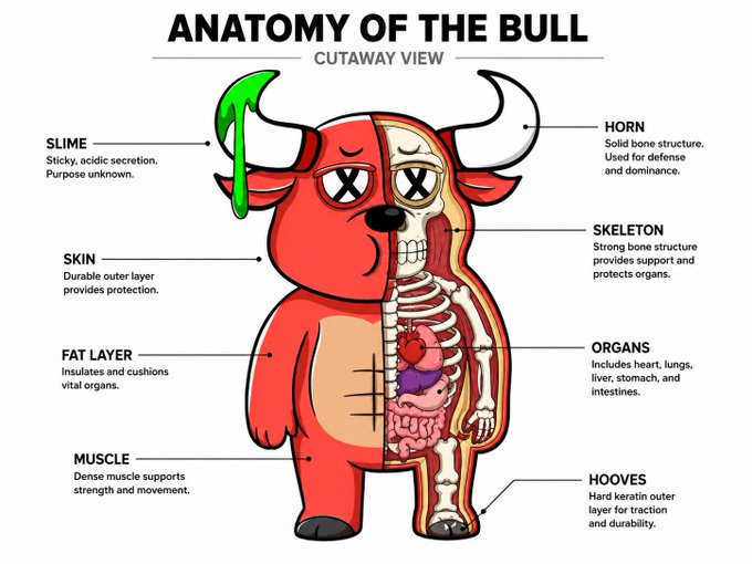 The image features a cartoon depiction of a bull with its skeleton shown, accompanied by an explanation of the different parts of the bull's body. The text at the bottom of the image reads "Bullish Week Ahead! Invest in your very own BullBear Now!". This suggests that there is a promotion or event related to Bulls and Bullbear products, possibly during Bullish Week.