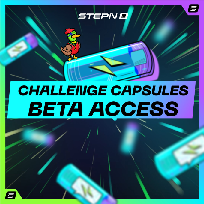 The image features a colorful poster with a cartoon chicken holding a blue energy bar, surrounded by small blue and green objects scattered throughout the scene. The text "Challenge Capsules beta access" is written at the top of the poster, indicating that there's an online challenge or game related to the energy bar. The background of the poster has a dark blue color with white stars, creating a visually striking contrast against the colorful elements on the poster.