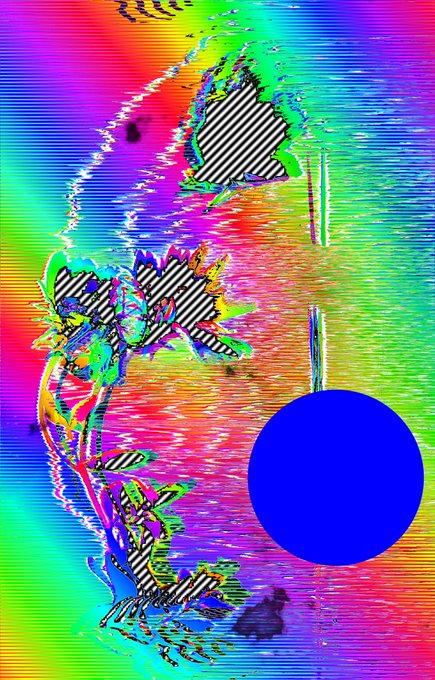 An abstract digital artwork features vibrant neon colors, distorted black-and-white striped shapes, and a solid blue circle against a multicolored background.