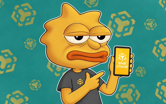A cartoon fish character with an unimpressed expression points at a phone displaying the BNB Chain logo, set against a teal background patterned with BNB Chain symbols. The image visually ties to the post by referencing BNB Chain's role in launching the new $SIGH memecoin, which quickly amassed 500+ holders and $600K in trading volume.