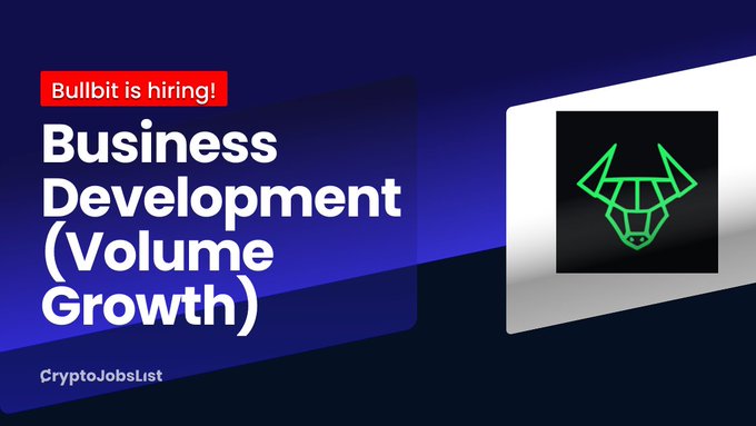 A job recruitment graphic for Bullbit, displaying a red "Bullbit is hiring!" banner alongside the role "Business Development (Volume Growth)" in white text on a blue background, featuring a green geometric bull logo and "CryptoJobsList" branding—matching the post announcing a remote $2k–4k/month opportunity focused on growing trading volume across Asia's crypto markets.
