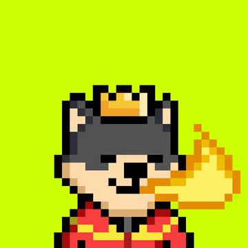 A pixel art character wearing a crown and red robe, appearing to hold a golden object against a bright green background.