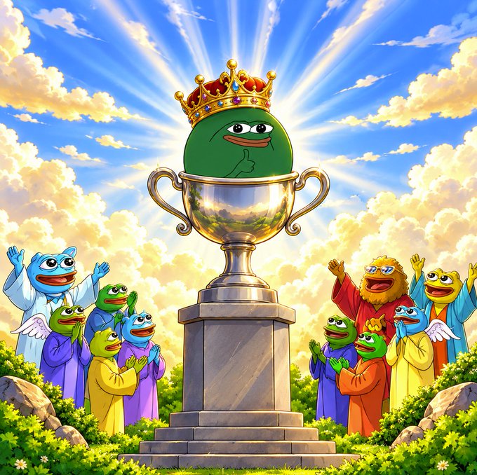A digital illustration of a green Pepe the Frog character wearing a jeweled crown and sitting in a large silver trophy, surrounded by other frog characters dressed as angels and saints in a heavenly setting.