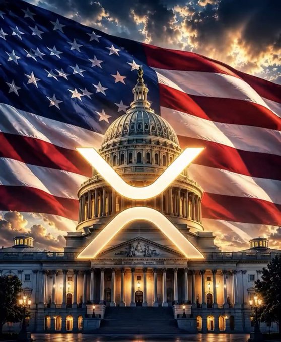 The U.S. Capitol building is shown at sunset with a large XRP logo overlaid on it and the American flag waving in the background.