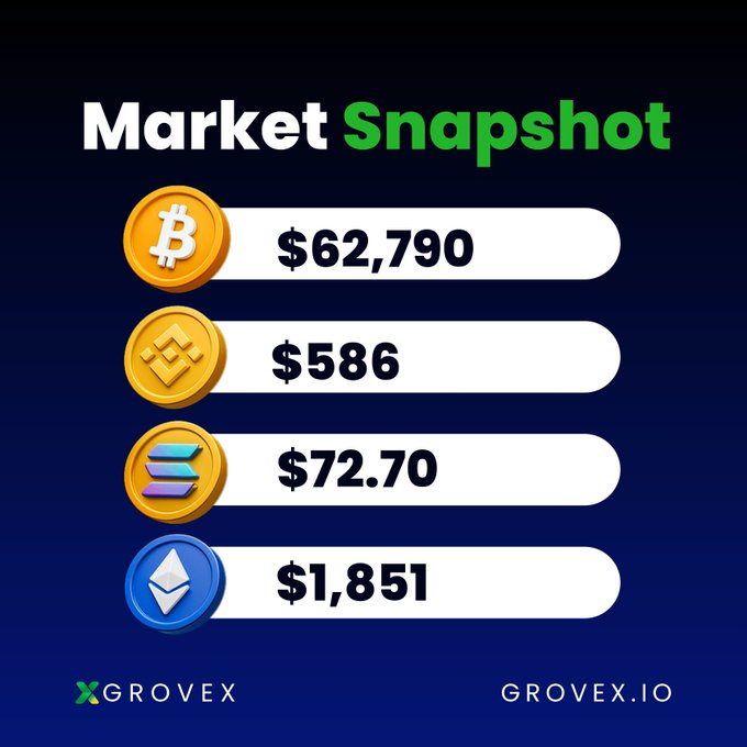 A 'Market Snapshot' graphic from Grovex.io displays cryptocurrency prices: Bitcoin at $62,790, Binance Coin at $586, Solana at $72.70, and Ethereum at $1,851.
