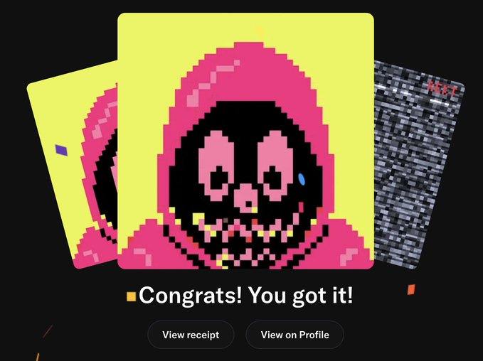 Digital trading card reveal screen showing a pixel-art skull character in a pink hoodie on a yellow background, with the text 'Congrats! You got it!' and buttons for 'View receipt' and 'View on Profile'.