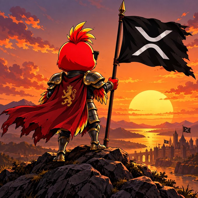 A phoenix-like warrior in armor stands atop a rocky cliff at sunset, holding a black flag with a stylized "X" and wearing a red cape featuring a golden lion emblem, with a distant castle kingdom visible below. The image visually reinforces the post's theme of $PHNIX building its own kingdom, using the heroic warrior with an X-marked banner as a symbol of ambition and conquest.