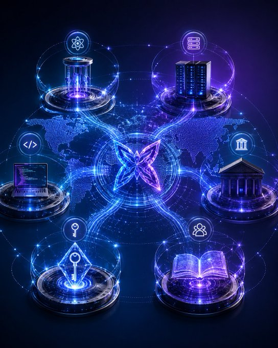 A futuristic blue digital illustration depicting interconnected cryptocurrency and finance icons, including a bank, server, building, code, laptop, key, and book, arranged around a glowing central butterfly-like symbol over a world map.