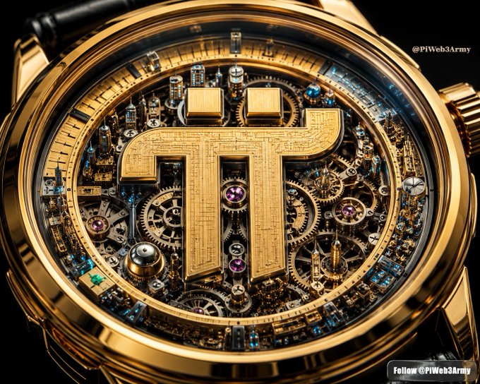 A highly detailed close-up of a luxurious gold mechanical watch featuring intricate gears and jewels, with a large textured 'TT' monogram in the center; watermarked '@PIWeb3Army' and 'Follow @PIWeb3Army'.