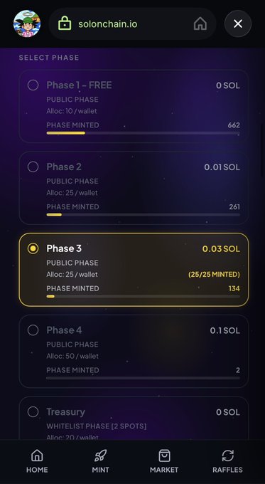 A mobile screenshot from solonchain.io displaying minting phases for an NFT project, with Phase 3 currently selected at 0.03 SOL and showing 25/25 minted.