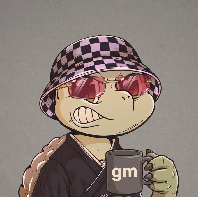 The image features a cartoon turtle wearing sunglasses, a hat with a checkered pattern, and holding a coffee cup. The text "Gm for Gm mates!" is written below the turtle's head. This suggests that the turtle might be promoting or advertising something related to the brand "Gm" in this illustration.