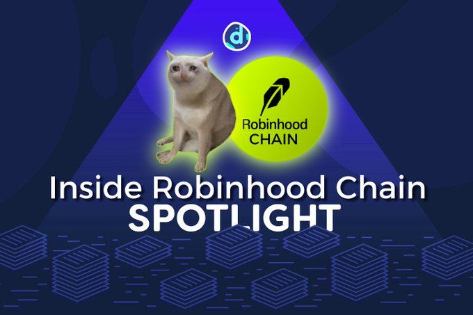 A promotional banner titled "Inside Robinhood Chain SPOTLIGHT" featuring the Robinhood Chain logo alongside a photoshopped image of a cat.