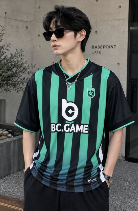 The image features a man wearing an old-timey sports team jersey with BC Game written across the front of it. The man has sunglasses on and seems to be standing in front of a building, possibly engaged in conversation or taking a break from some physical activity.